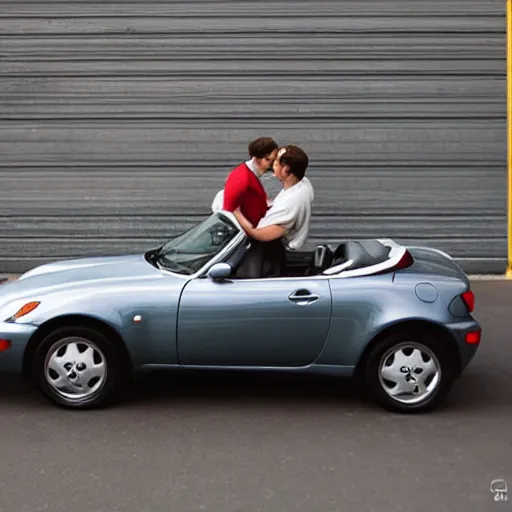 Prompt: two 1 9 9 3 mazda miatas kissing