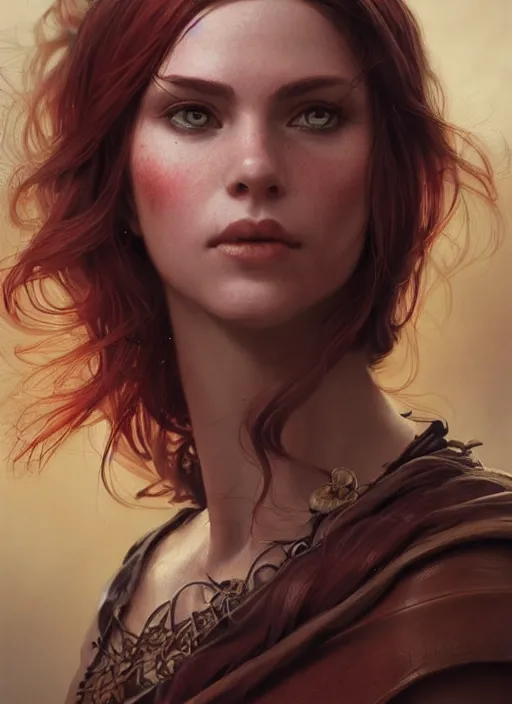 Prompt: vertical portrait of a ruggedly handsome female cleric, soft hair, close - up face, leather, witchy, d & d, fantasy, intricate, elegant, highly detailed, digital painting, artstation, concept art, smooth, sharp focus, illustration, art by artgerm and greg rutkowski and alphonse mucha, plain red background