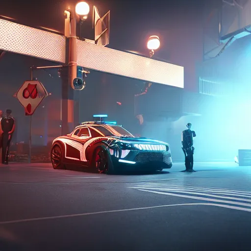 Image similar to chrome hoops lit by police lights, octane, houdini, hyper detailed, cgi, anamorphic cinematography