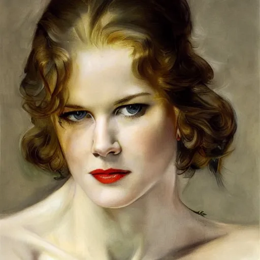 Image similar to young nicole kidman in prey picture by j. c. leyendecker and peter paul rubens, asymmetrical, dark vibes, realistic painting, organic painting, matte painting, geometric shapes, hard edges, graffiti, street art : 2 by j. c. leyendecker and peter paul rubens : 4