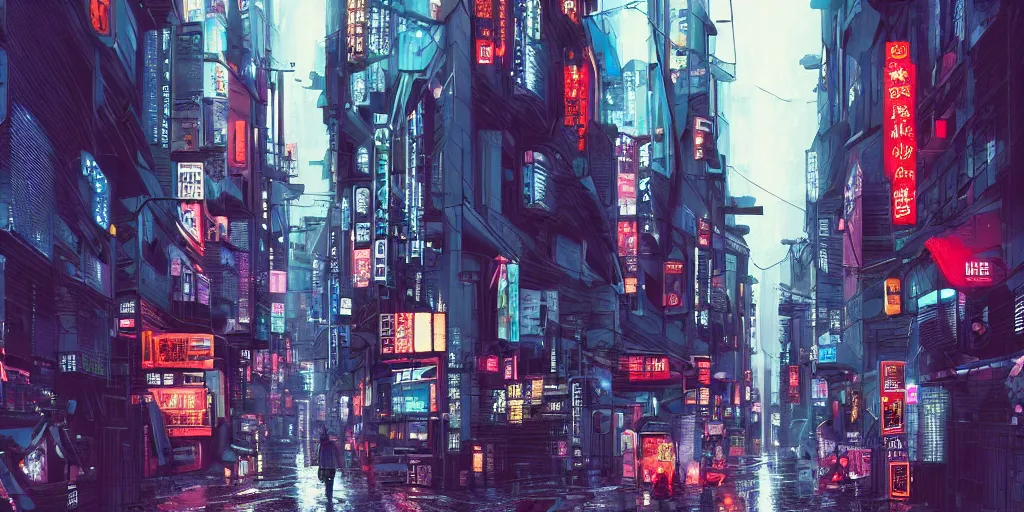 Prompt: Cyberpunk street on a rainy day in Japan, low angle view, detailed matte painting, cinematic, Moebius, Artstation