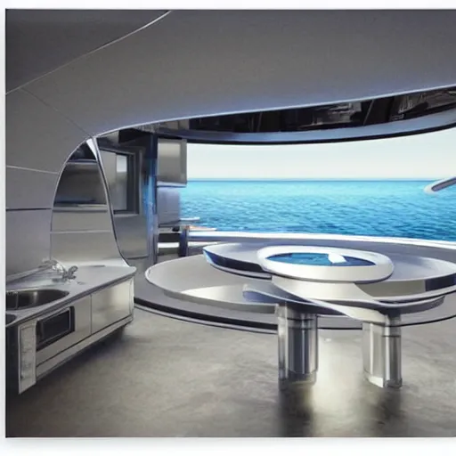 Prompt: a tidy futuristic kitchen in the sea by aertsen pieter