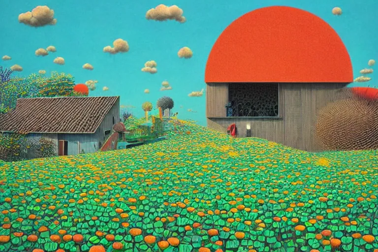 Image similar to surreal glimpse into other universe, house by kengo kuma, summer morning, very coherent and colorful high contrast, art by!!!! gediminas pranckevicius!!!!, geof darrow, floralpunk screen printing woodblock, dark shadows, hard lighting, stipple brush technique,