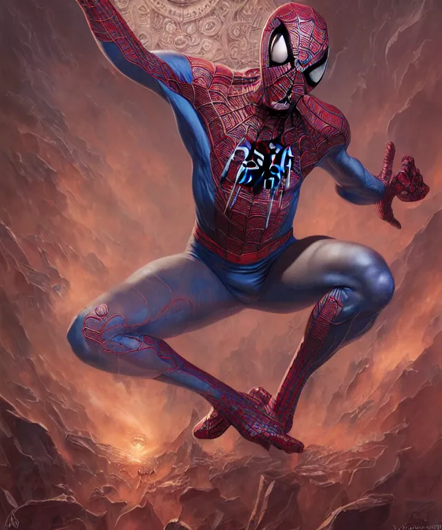 Image similar to beautiful evil fantasy spiderman portrait, demon, ultra realistic, wide angle, intricate details, the fifth element artifacts, highly detailed by peter mohrbacher, hajime sorayama, wayne barlowe, boris vallejo, aaron horkey, gaston bussiere, craig mullins