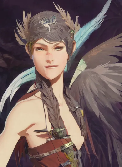 Image similar to concept art painting of an androgynous harpy with black feathers, pirate clothes, detailed, realistic, cel shaded, in the style of makoto shinkai and james gurney and alphonse mucha and greg rutkowski and artgerm