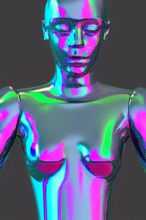 Image similar to 3d render of holographic human robotic bust made of glossy iridescent, bust, surrealistic 3d illustration of a human non-binary, non binary model, 3d model human, cryengine, made of holographic texture, holographic material, holographic rainbow, concept of cyborg and artificial intelligence