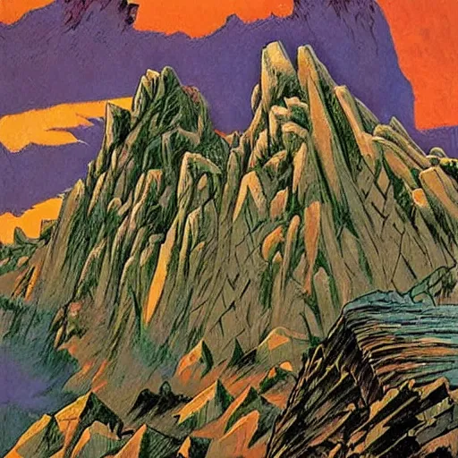 Prompt: At the top of a carved stairway of ten thousand rough hewn steps looms the ominous double mountain known only as the Iron Crag, home to the dieselpunk Dwarven megacity of Marhtlaz, by Matt Heuston and by Mike Ploog, magical fauvism, vfx