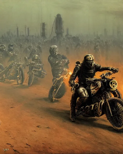 Image similar to motorbikers race in hell, retrofuturism sci - fi old movie, highly detailed, photorealistic, 8 k, by beksinski and stalenhag