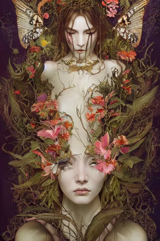 Image similar to breathtaking detailed concept art painting of the goddess of death moth, orthodox saint, with anxious, piercing eyes, ornate background, amalgamation of leaves and flowers, by Hsiao-Ron Cheng, James jean, Miho Hirano, Hayao Miyazaki, extremely moody lighting, 8K