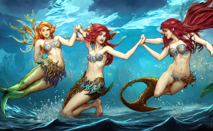 Image similar to two mermaids leaping from water to fistbump, fantasy, whimsical, dungeons and dragons, league of legends splash art, heroes of the storm splash art, hearthstone splash art, world of warcraft splash art, overwatch splash art, art by artgerm, art by alphonse mucha, intricately detailed, highly detailed, trending on artstation,