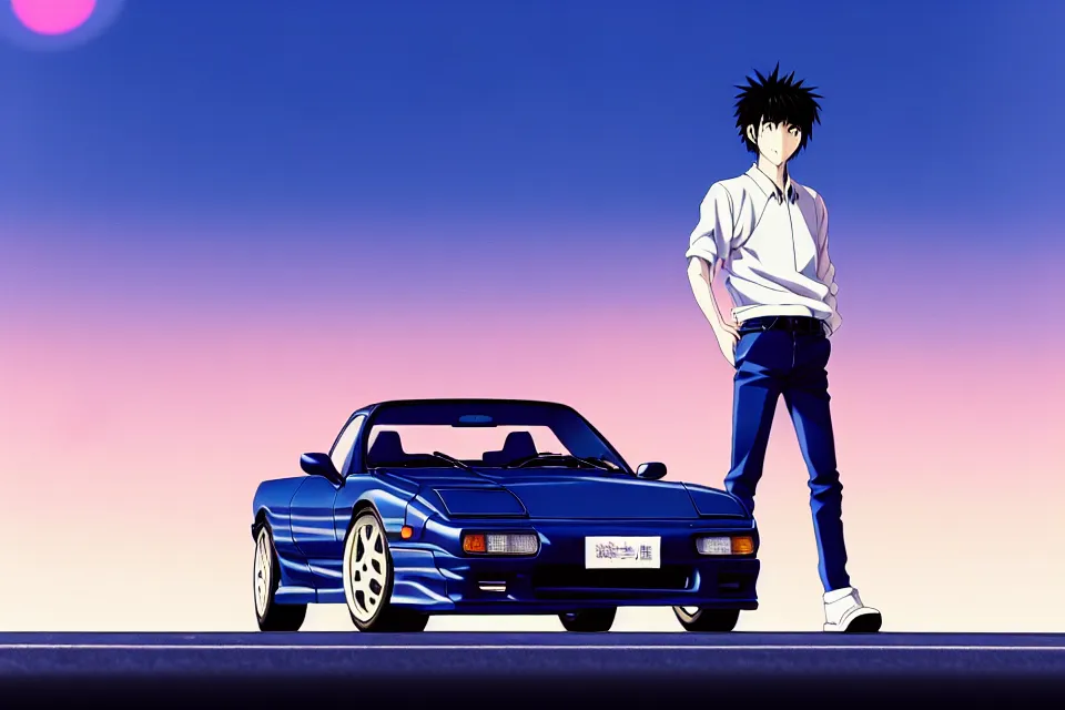 Prompt: aesthetic anime illustration of ryosuke takahashi wearing a dark blue shirt and white pants, standing by his white glossy 1 9 9 0 mazda rx - 7 fc on an empty highway at sunrise, cinematic lighting, initial d anime 1 0 8 0 p, 9 0 s anime aesthetic, volumetric lights, rule of thirds, unreal engine render, pinterest wallpaper, trending on artstation