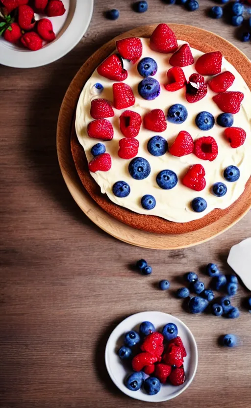 Image similar to A photo of a swedish cake from the side on a wooden table, with cream spread on the sides and strawberries, raspberries and blueberries placed in circles on top. Sunset. 4K. Cinematic lighting. High detail. Realistic. Delicious.