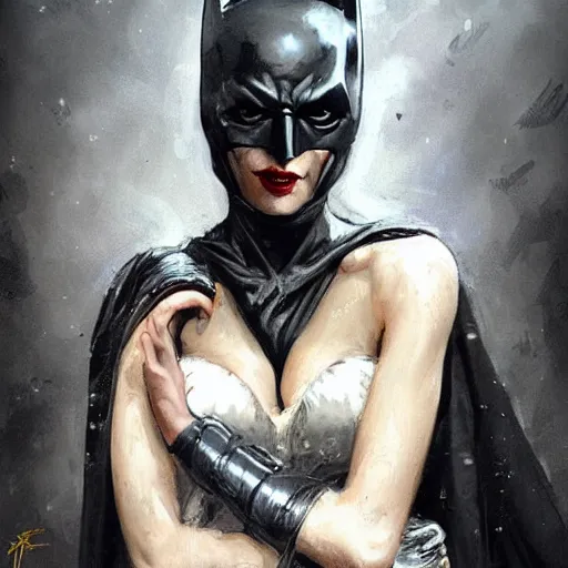 Prompt: batman as an attractive young smiling woman played by milla jovovich wearing a mushroom crown and heavy armoured wedding dress, face portrait, hd shot, digital portrait, elegant, beautiful, fantasy art, artstation, comic style, by artgerm, guy denning, jakub rozalski, magali villeneuve and charlie bowater