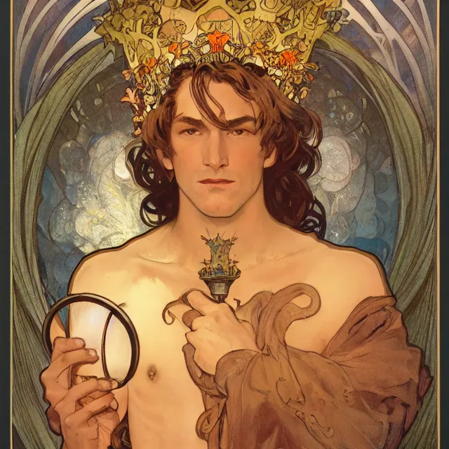 Image similar to an aesthetic! a detailed portrait of a man with a crown, holding a lantern by frank frazetta and alphonse mucha, oil on canvas, art nouveau dungeons and dragons fantasy art, hd, god rays, ray tracing, crisp contour lines, huhd