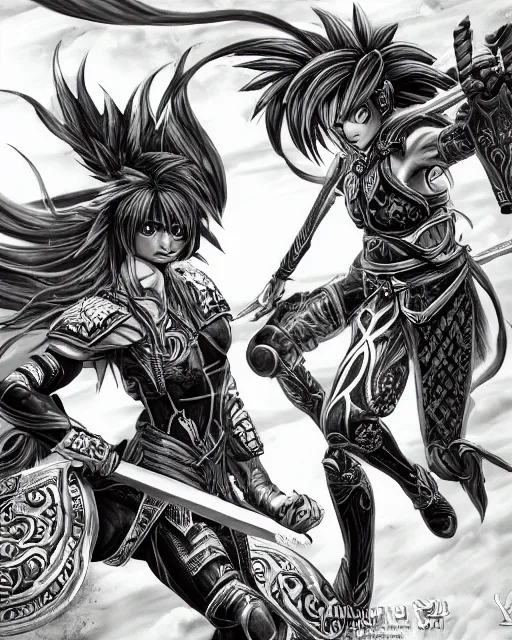 Image similar to Two female warriors fighting, black and white, highly detailed face, close-up, fantasy art, fighting art, in the style of masami kurumada, illustration, epic, fantasy, intricate, hyper detailed, artstation, concept art, smooth, sharp focus, ray tracing