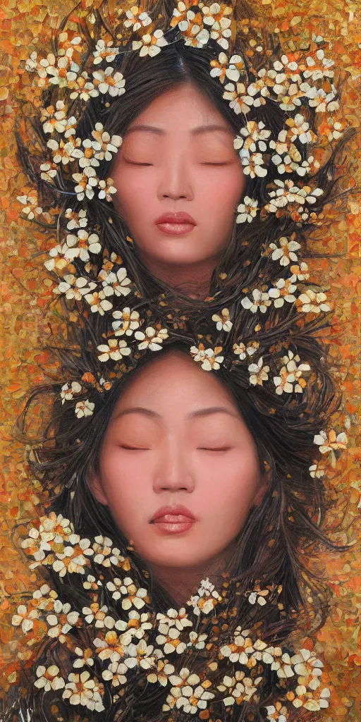 Image similar to very beautiful highly detailed and expressive oil painting of an asian woman's face dissolving into petals and flowers, masterpiece, dynamic lighting, intricate linework, 8 k, flowers