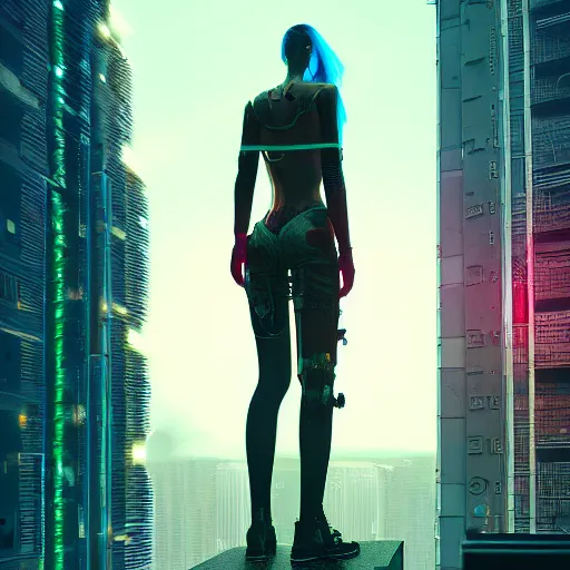 Prompt: ultra realistic and intricate detailed photograph of a cyberpunk woman standing on a balcony looking out at the city, neon, cyberpunk, technology, blade runner, artstation, unreal render, depth of field, ambient lighting, award winning, stunning