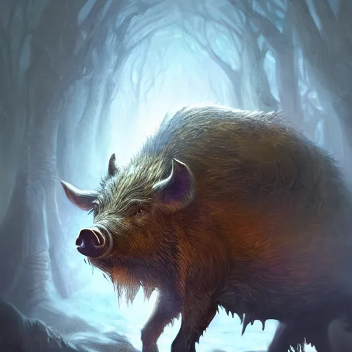 Image similar to Boar, Anthropomorphized, casting epic spell, magic the gathering artwork, D&D, fantasy, cinematic lighting, centered, symmetrical, highly detailed, digital painting, artstation, concept art, smooth, sharp focus, illustration, volumetric lighting, epic Composition, 8k, art by Akihiko Yoshida and Greg Rutkowski and Craig Mullins, heroic pose, oil painting, cgsociety, magic lab background