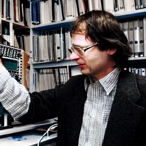 Prompt: bjarne stroustrup smashing a computer with a large mallet, photograph in an office taken in 1 9 9 5