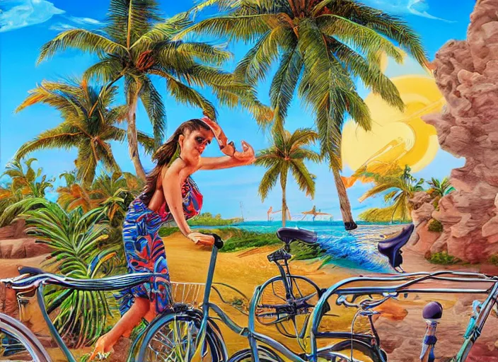 Image similar to 🚲🦜🌴🌞, lowbrow, 3 - d, detailed, in the style of adi granov,