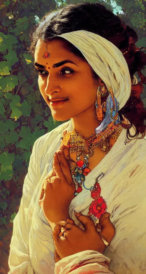 Image similar to close up a beautiful Indian doctor in Texas, sun shining, photo realistic illustration by greg rutkowski, thomas kindkade, alphonse mucha, loish, norman rockwell.