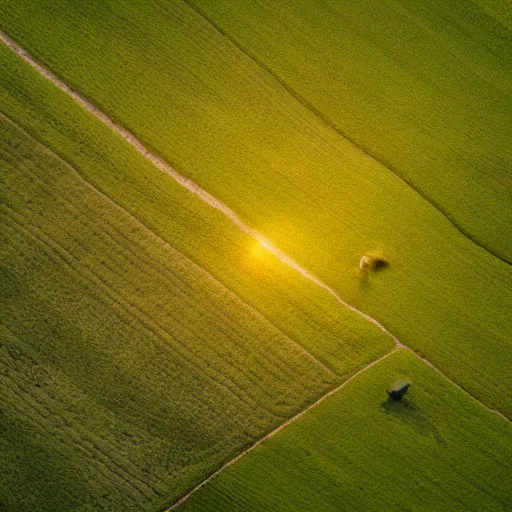 Prompt: an aerial shot of a rural landscape with fields and cows, Sunset, tilt shift