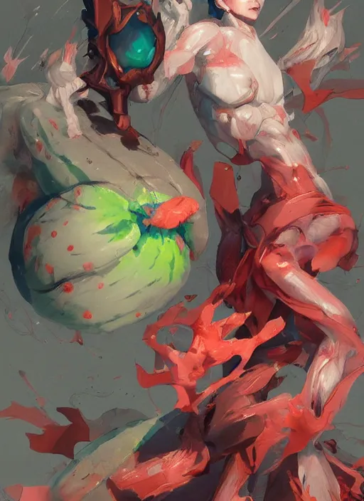 Image similar to semi reallistic gouache gesture painting, by yoshitaka amano, by ruan jia, by Conrad roset, by dofus online artists, detailed anime 3d render watermelon monster, watermelon terrible monster, antrophomorfic watermelon, portrait, cgsociety, artstation, rococo mechanical, Digital reality, sf5 ink style, dieselpunk atmosphere, gesture drawn