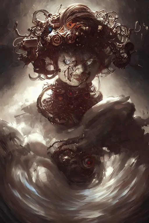 Prompt: art masterpice, comical clown faced cthulu descending from the clouds, intricate, beautiful cinematic lighting, stunning painting by artgerm, caravaggio, android jones, wadim kashin