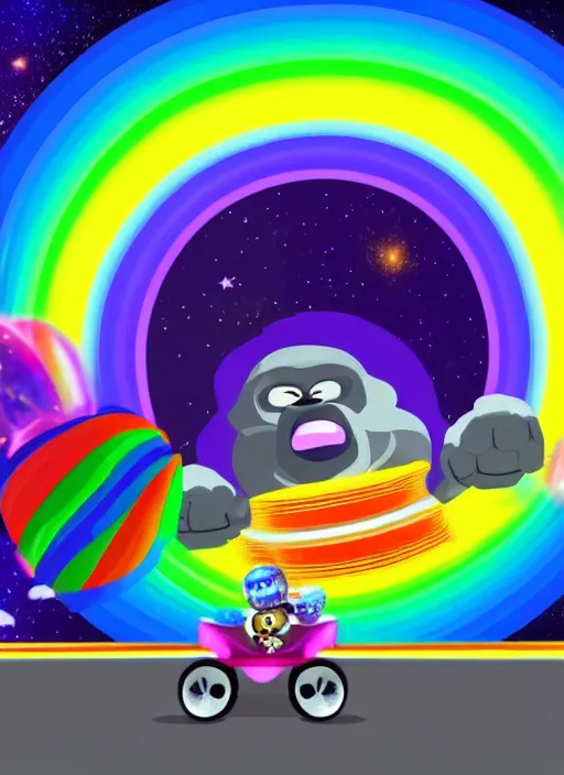Image similar to A photo of a fat gorilla riding a tricycle on a rainbow road in space.