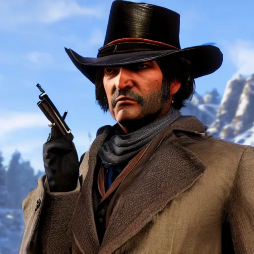 Image similar to anthropomorphic black fox, dressed as a rich man, in game screenshot of red dead redemption 2