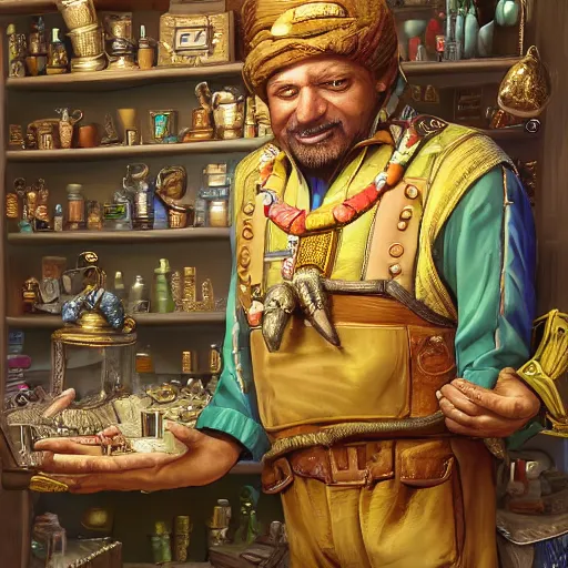 Image similar to A Anthropomorphized friendly parrot trader in his shop, selling his wares, portrait, items, gold, carpet, window, sly expression, cunning expression, presenting wares, holding a gold bag, D&D, fantasy, cinematic lighting, highly detailed, digital painting, artstation, concept art, smooth, sharp focus, illustration, warm light, cozy warm tint, magic the gathering artwork, volumetric lighting, 8k, art by Akihiko Yoshida, Greg Rutkowski