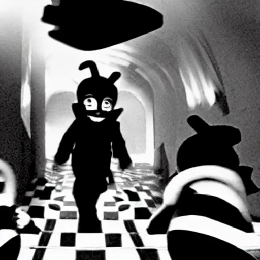 Image similar to A film noir in the style of Dr Caligari featuring the Teletubbies