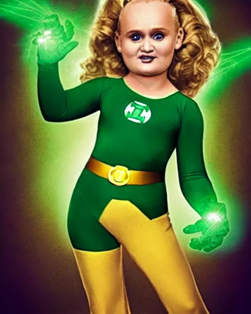 Image similar to What if Honey Boo Boo became a green lantern, photographed in the style of Annie Leibovitz