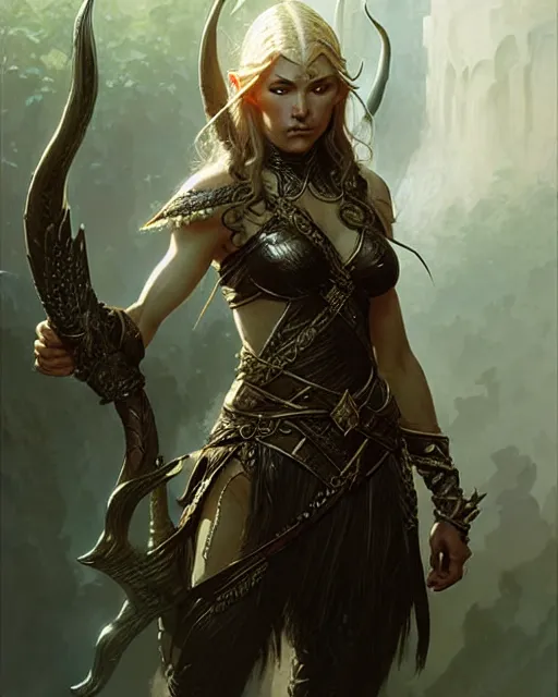 Image similar to fierce female elven warrior, fantasy character portrait, ultra realistic, concept art, intricate details, highly detailed, wide angle, by greg rutkowski, gaston bussiere, craig mullins, simon bisley