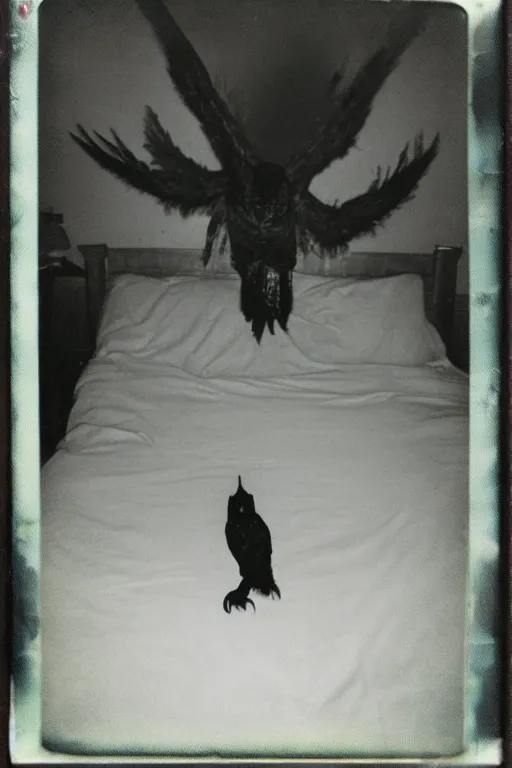 Image similar to paranormal polaroid of a singular demonic and very big owl perched on the bed headboard, low key lighting, creepy atmosphere