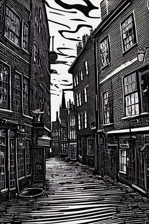 Prompt: a beautiful linocut print of diagon alley, 8 k, frostbite 3 engine, cryengine, dof, trending on artstation, digital art, crepuscular ray, art by fossi _ images and tugboat printshop