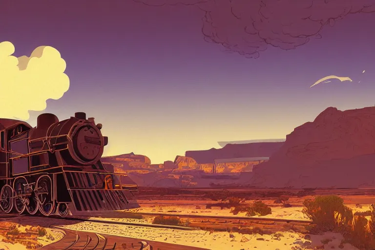 Image similar to idyllic old western train station illustration by syd mead, artstation, 4 k, graphic novel, concept art, matte painting, steam engine spewing billowy clouds of steam, beautiful mountain desert sunset background, golden hour