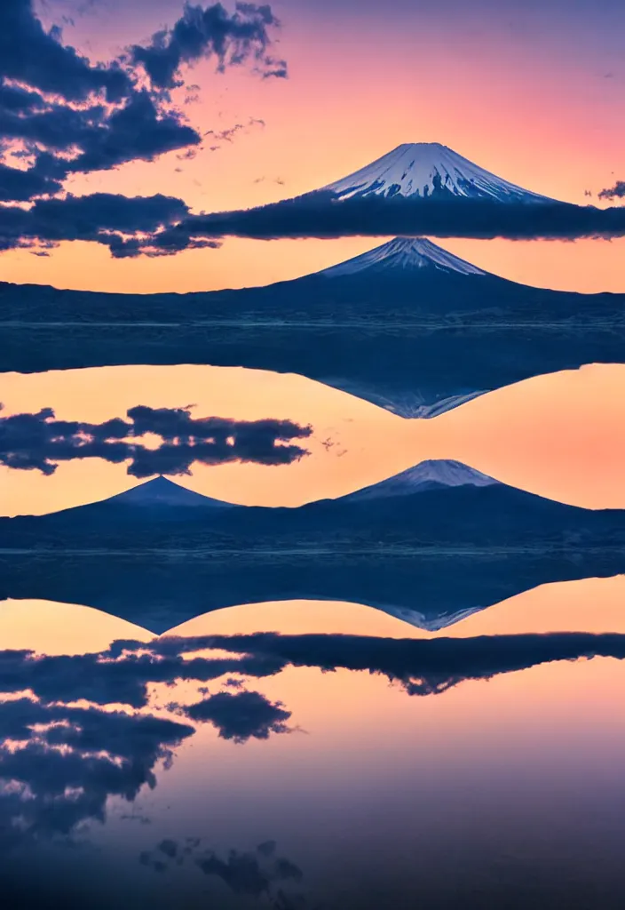 Image similar to clouds curling around mount fuji reflected on the lake surface at sunset, national geographic award - winning landscape photography, in the style of wes anderson's isle of dogs