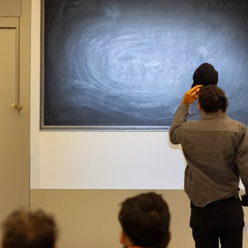 Image similar to chimpanzee scientist lecturer teaching evolution standing in front of a blackboard in a university