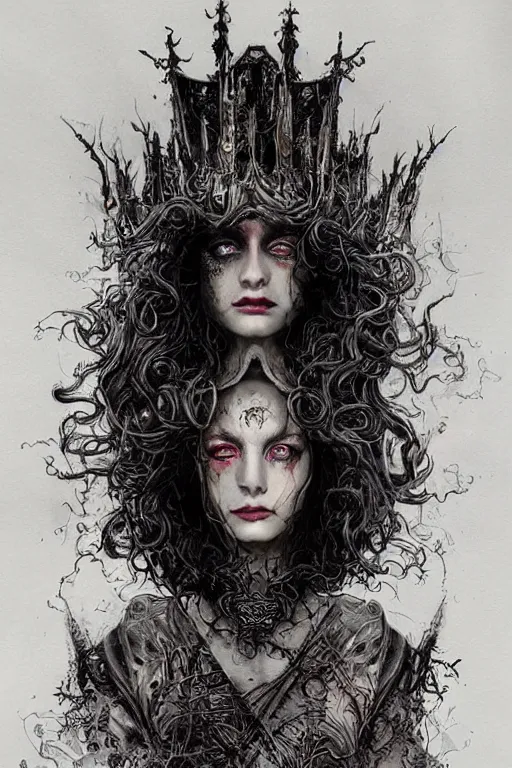 Prompt: the ink witch queen of the fluid, painted by howard david johnson and james gurney, trending on artstation, symmetrical face, beautiful eyes, dramatic black lighting macro view mirrored, magic realism, lord of the rings, classicism