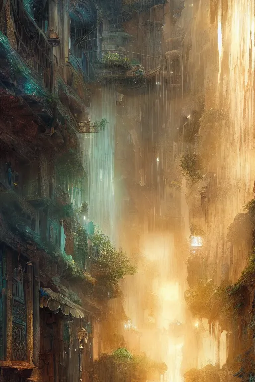 Image similar to inside the antique street of atlantis the city of water, waterfall, intricate, elegant, volumetric lighting, digital painting, highly detailed, artstation, sharp focus, illustration, concept art, ruan jia, steve mccurry