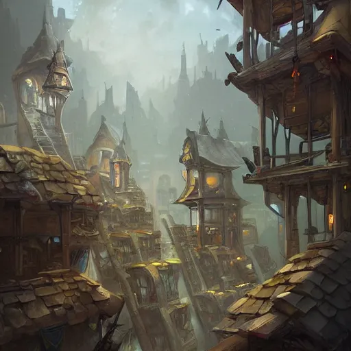Image similar to buildings had built from stone blocks, with tile roofs, and simple, peaked wooden roofs. the structures were packed closely together, making them seem squat. the tenements and shops were uniform in appearance ; by peter mohrbacher