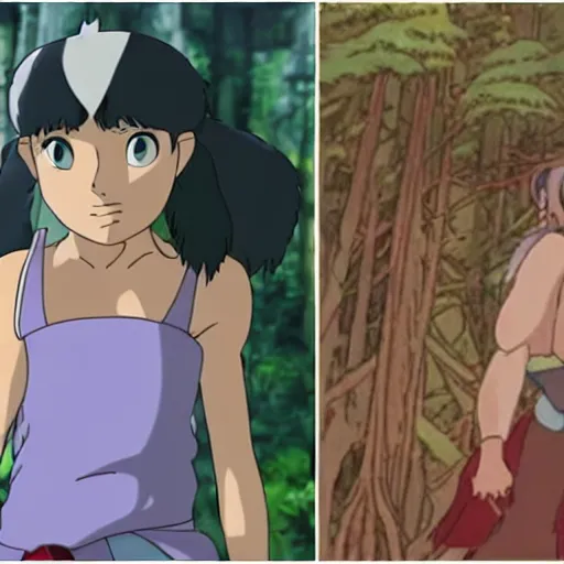 Image similar to side by side comparison : animated princess mononoke by studio ghibli, vs. live action princess mononoke starring megan fox