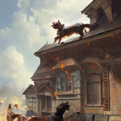 Image similar to a highly detailed oil painting of a giant dog smashing houses renaissance period, 4 k, by greg rutkowski, artstation,