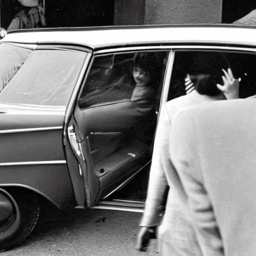 Image similar to 1960s press archive of the actress Kim Jong-il coming out of a car, faces obscured, Reuters, 35mm film, film grain, mysterious exterior, underexposed