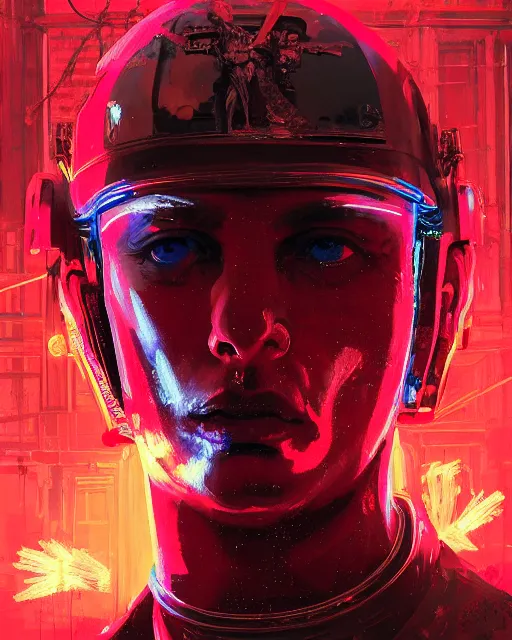 Prompt: detailed portrait Neon Emperor Nero, cyberpunk futuristic neon, reflective red coats, decorated with traditional Rome ornaments, burning Circus Maximus behind by Ismail inceoglu dragan bibin hans thoma greg rutkowski Alexandros Pyromallis Nekro Rene Maritte Illustrated, Perfect face, fine details, realistic shaded, fine-face, pretty face