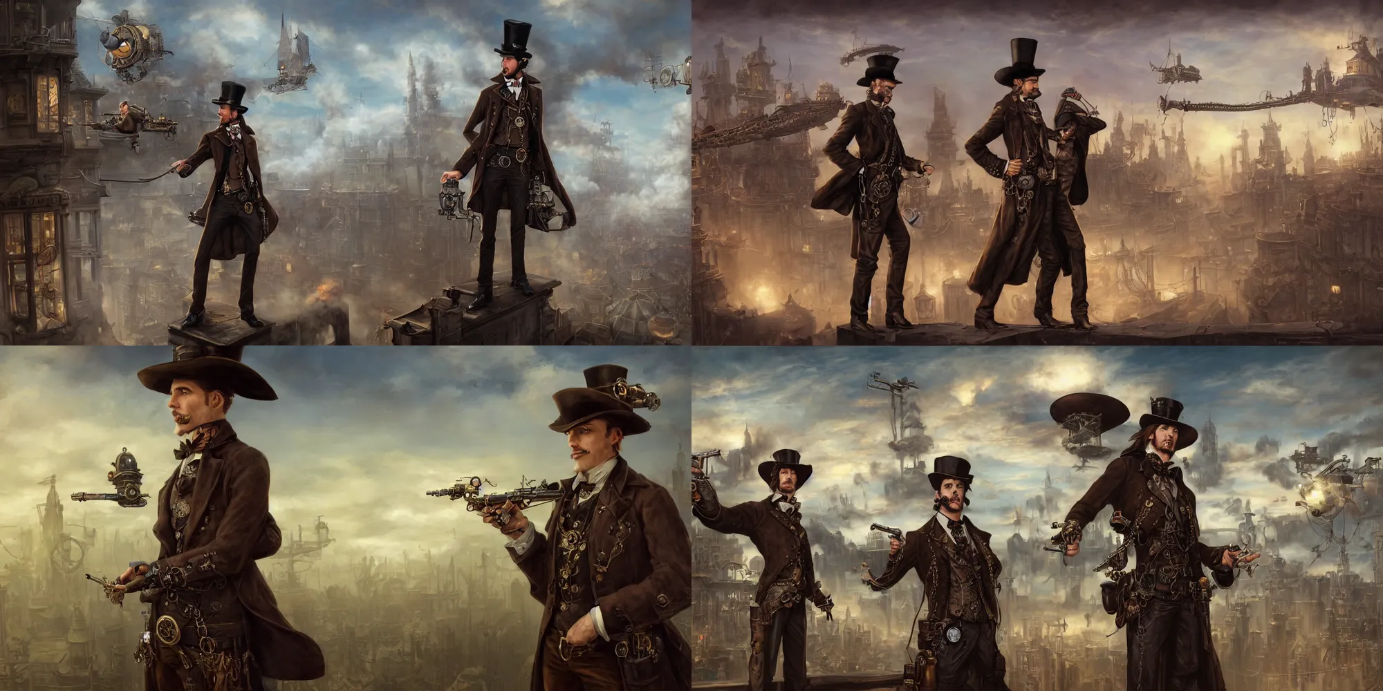 Prompt: close portrait of a single alone steampunk gentleman gunslinger in hat posing on roof, matte painting of steam machines airships on background, by Antonio Caparo and tyler edlin and lindsey look, victorian, concept art, steam romance, steam-punk illustration, detailed, 4k resolution, trending on artstation