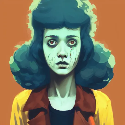 Image similar to Highly detailed portrait of a ((punk)) zombie young lady by Atey Ghailan, by Loish, by Bryan Lee O'Malley, by Cliff Chiang, mystical Yellow, brown, black and cyan color scheme ((dark blue moody background))