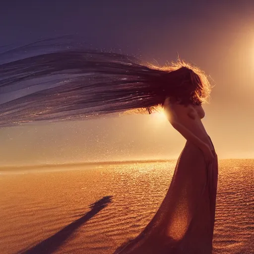 Image similar to filmstill photography of female body covered with curly white translucent blanket blowing in wind, acrylic liquid colors, luxurious supermodel photoshooting, golden jewelry, bokeh, godrays, strong wind, wrinkles, sunrays, sunset, lens flares, monet, renoir, cold colors, sand dunes