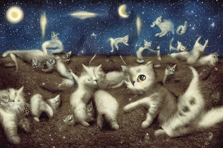 Prompt: night starry sky full of cats, by storm thorgerson
